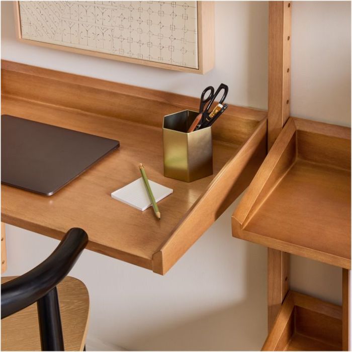 Trey Modular Wall Desk W/ 1 Bookcase Dove Poplar Four Hands Modular wall desk furniture with bookshelf